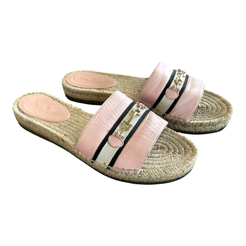 SALVATORE FERRAGAMO Kaden Gancini Womens 9.5C Pink Flat Espadrille Slide Sandals